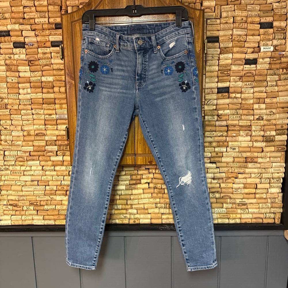 Lucky Brand ORTA Ava Skinny floral Embroidered Distressed ankle Jeans MidWash 27